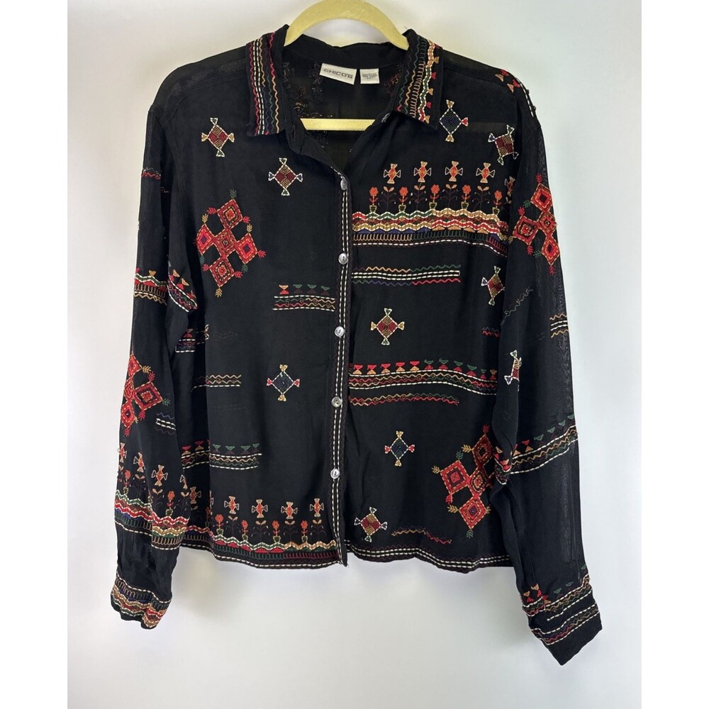 Chicos Embroidered Button Shirt Collared Black Sheer Floral Rayon Womens Medium